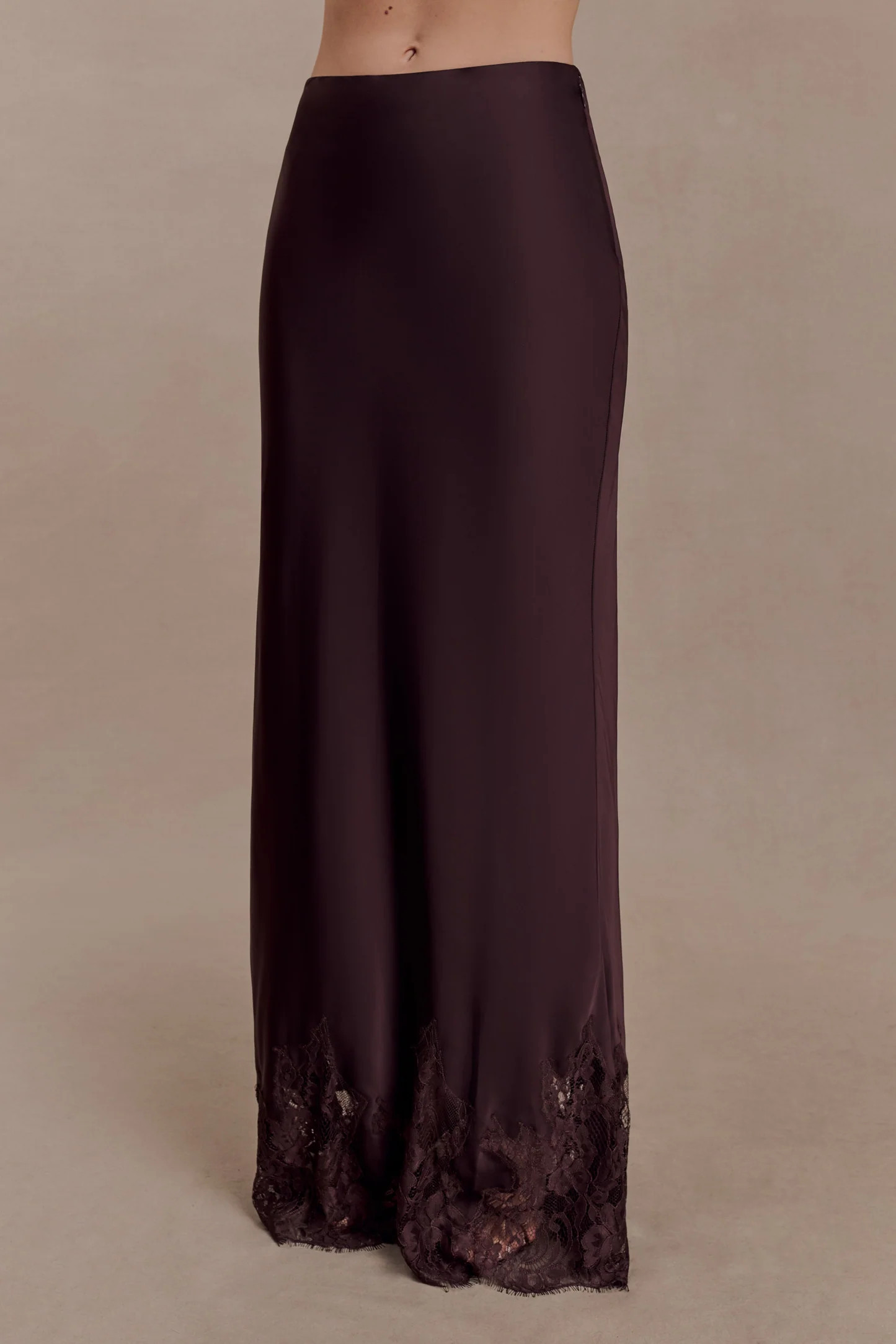 Nina Satin And Lace Maxi Skirt - Chocolate | Meshki UK