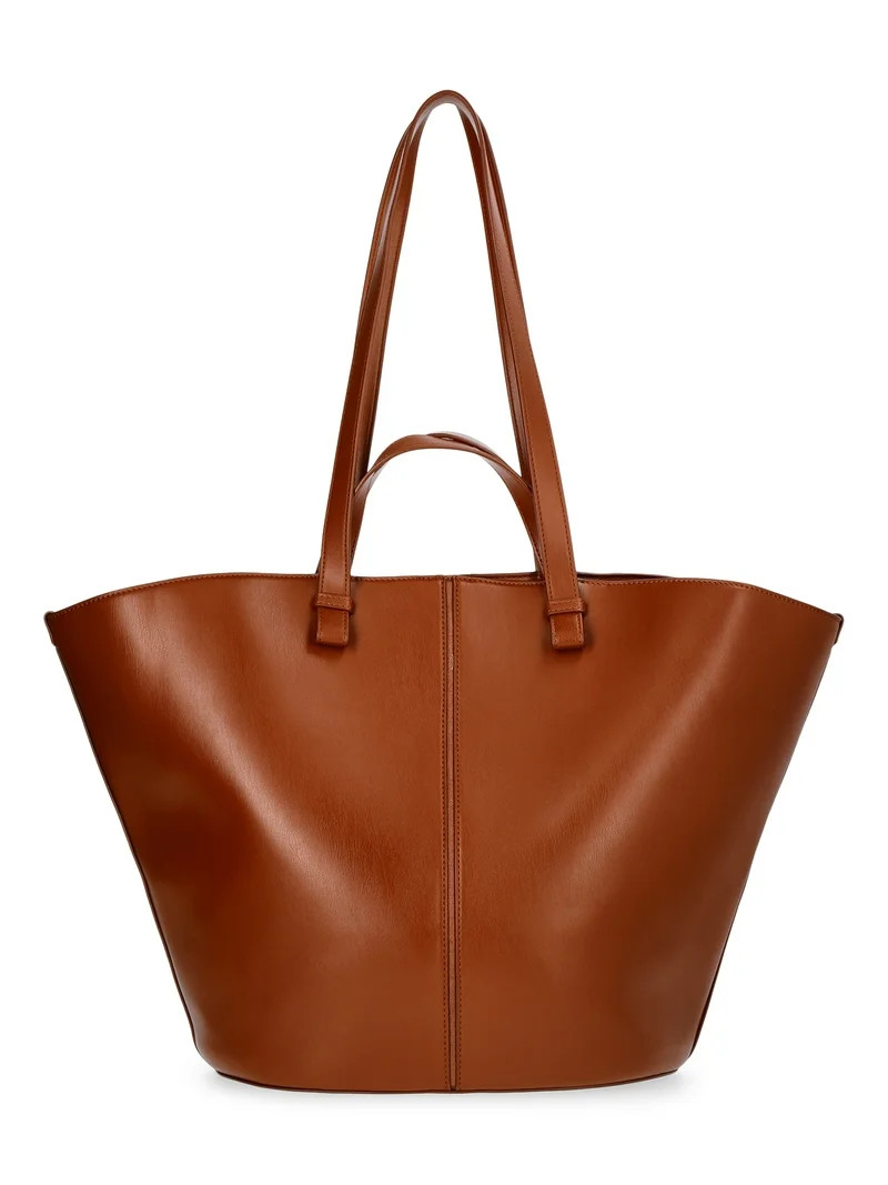 Time and Tru Women's Faux Leather Tulip Tote Handbag, Cognac | Walmart (US)