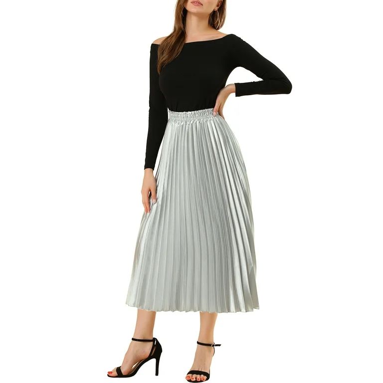 Allegra K Women's Elastic Waist Metallic Shiny Accordion Pleated Midi Skirt - Walmart.com | Walmart (US)