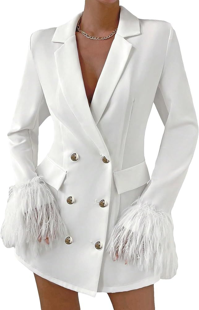 WDIRARA Women's Faux Fur Cuff Long Sleeve Button Front Blazer Elegant Jacket | Amazon (US)