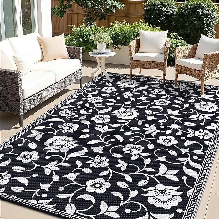OLANLY Waterproof Outdoor Rug 8x10 ft, Outdoor Plastic Straw Rug with Flower Pattern, Reversible ... | Amazon (US)