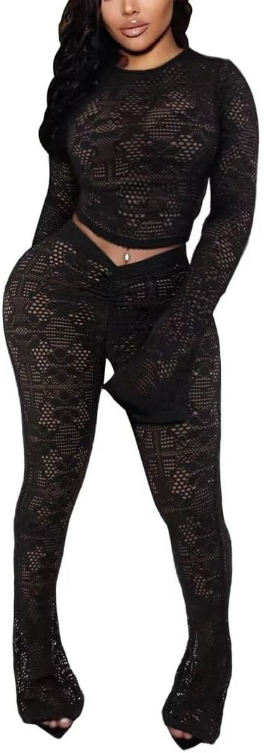 Kafiloe Women Sexy 2 Piece Outfits Clubwear Mesh Hollow Out Long Sleeve Crop Top Flare Pants Set ... | Amazon (US)