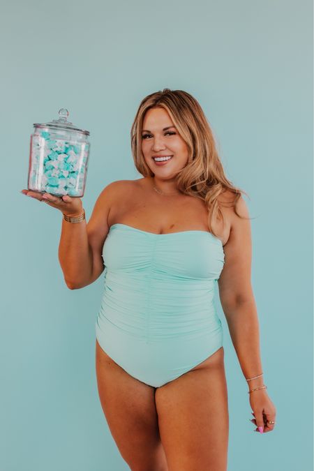 ruched one piece in Salt Water Taffy! wearing size large and runs TTS! has removable straps to make it a strapless swimsuit  

#LTKswim #LTKunder100 #LTKcurves