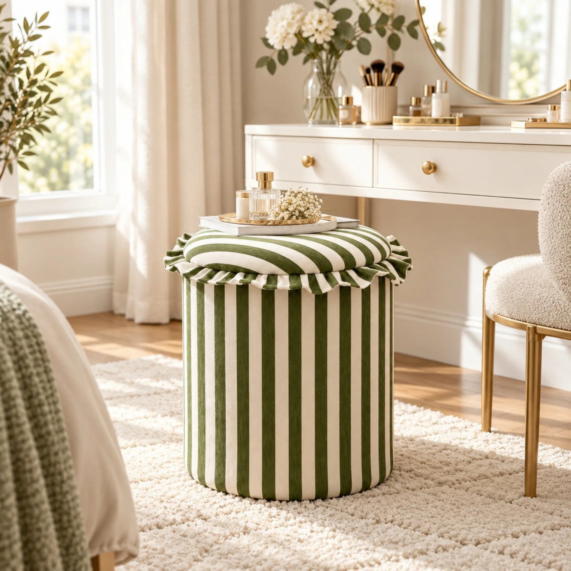 Round Green Striped Storage Ottoman with Chenille Cushion and Foldable Design | Wayfair North America