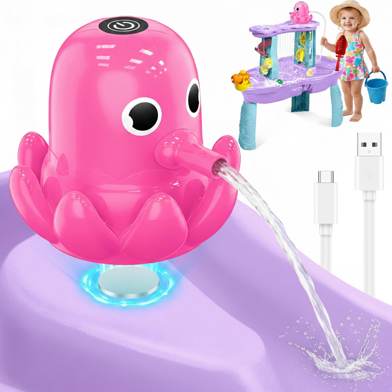 Water Table Pump, Battery Powered Continuous Water Pump for Water Table, Cordless Octopus Rechargeable Magnetic Pump, No Drill Installation, Outdoor Water Play Accessory for Kids (Pink) | Amazon (US)