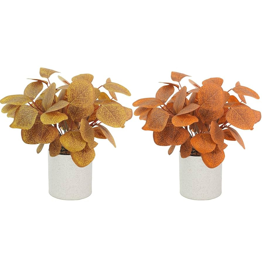 2 Pcs Artificial Fall Flowers Autumn Mini Plants with Vase Fake Potted Plants Eucalyptus Leaves D... | Amazon (US)