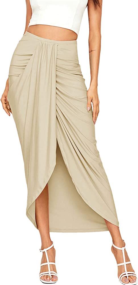 SheIn Women's Casual Slit Wrap Asymmetrical Elastic High Waist Maxi Draped Skirt | Amazon (US)