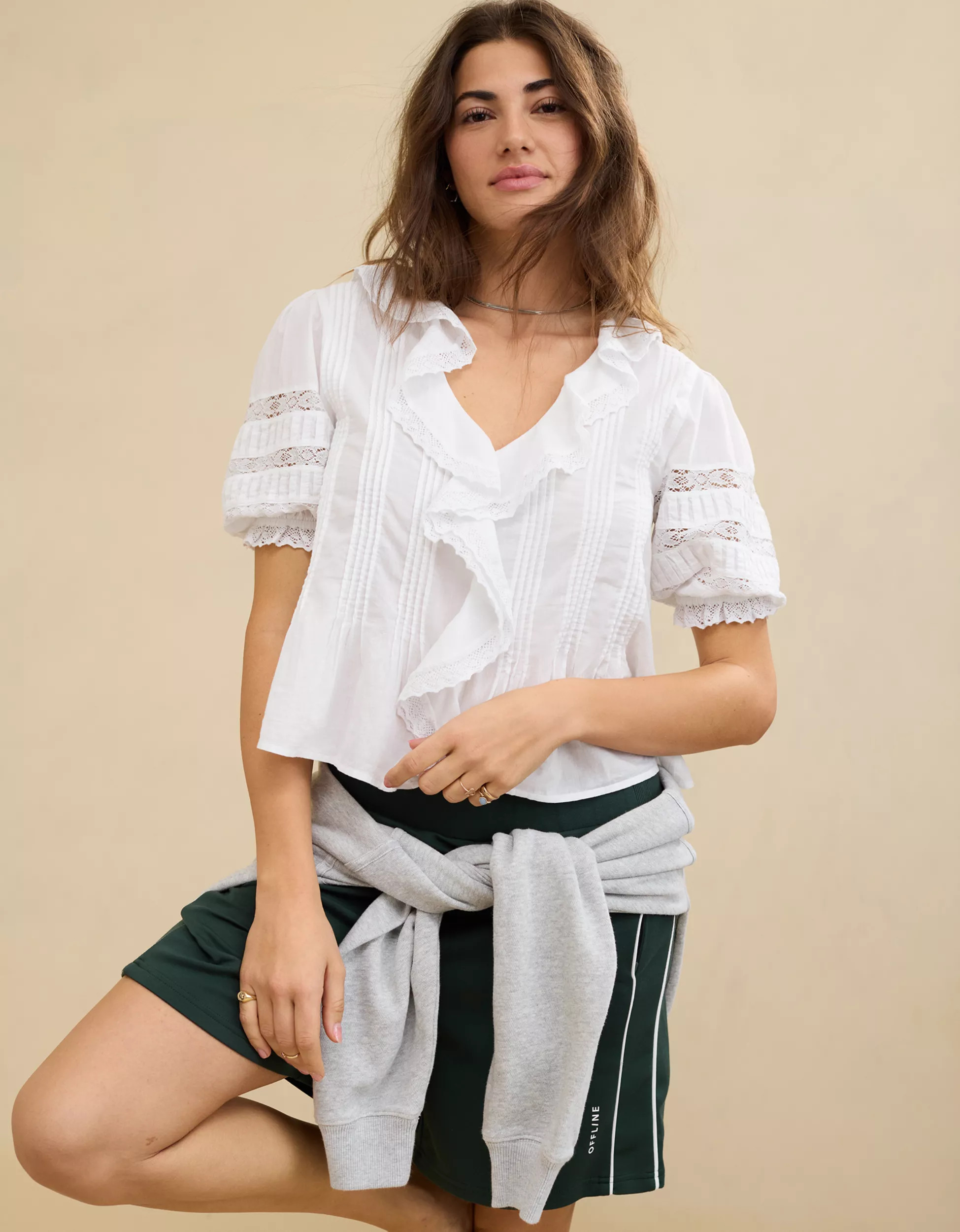 Aerie Short Sleeve Ruffle Blouse | Aerie