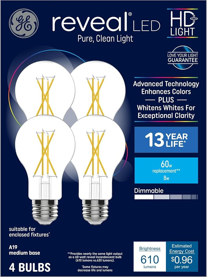 GE Reveal HD+ LED Light Bulbs, 60 Watt, A19 Bulbs (4 Pack) | Amazon (US)