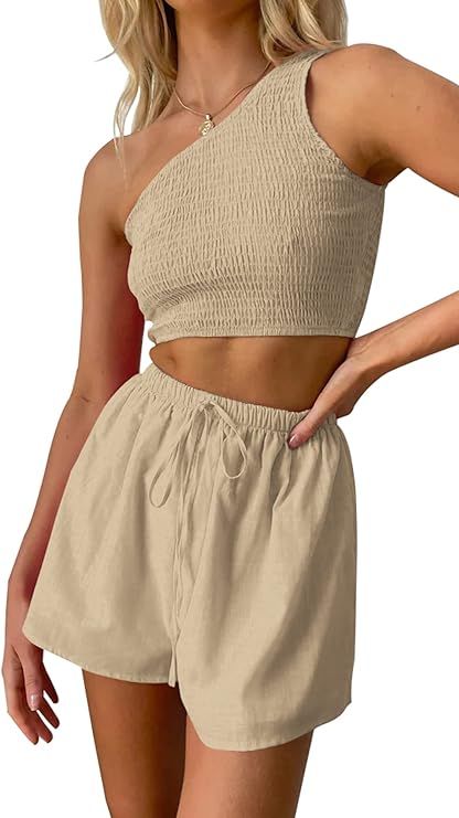 PRETTYGARDEN Women's 2 Piece Summer Outfits Casual One Shoulder Crop Top and High Waisted Shorts ... | Amazon (US)