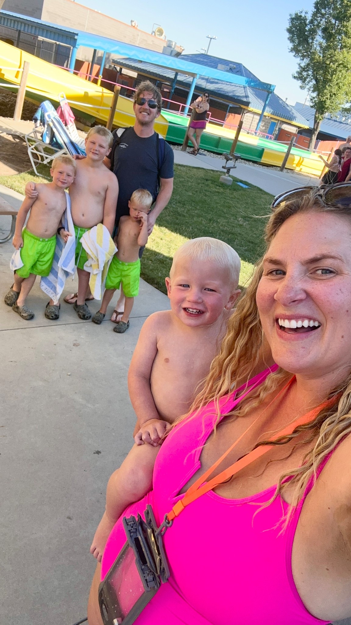 Our BRIGHT swimsuits that made it so easy to see and find each other at the water park!

My suit is my FAVORITE ONE PIECE EVER! So flattering and affordable. True to size. I’m in an xl. 

The boys swim trunks are so bright and easy to see! They love them! All true to size!

Baby’s reusable swim diaper is night and bright green and easy to see too. I size down for a snugger fit. He’s in an 18 month and is 2 years old  