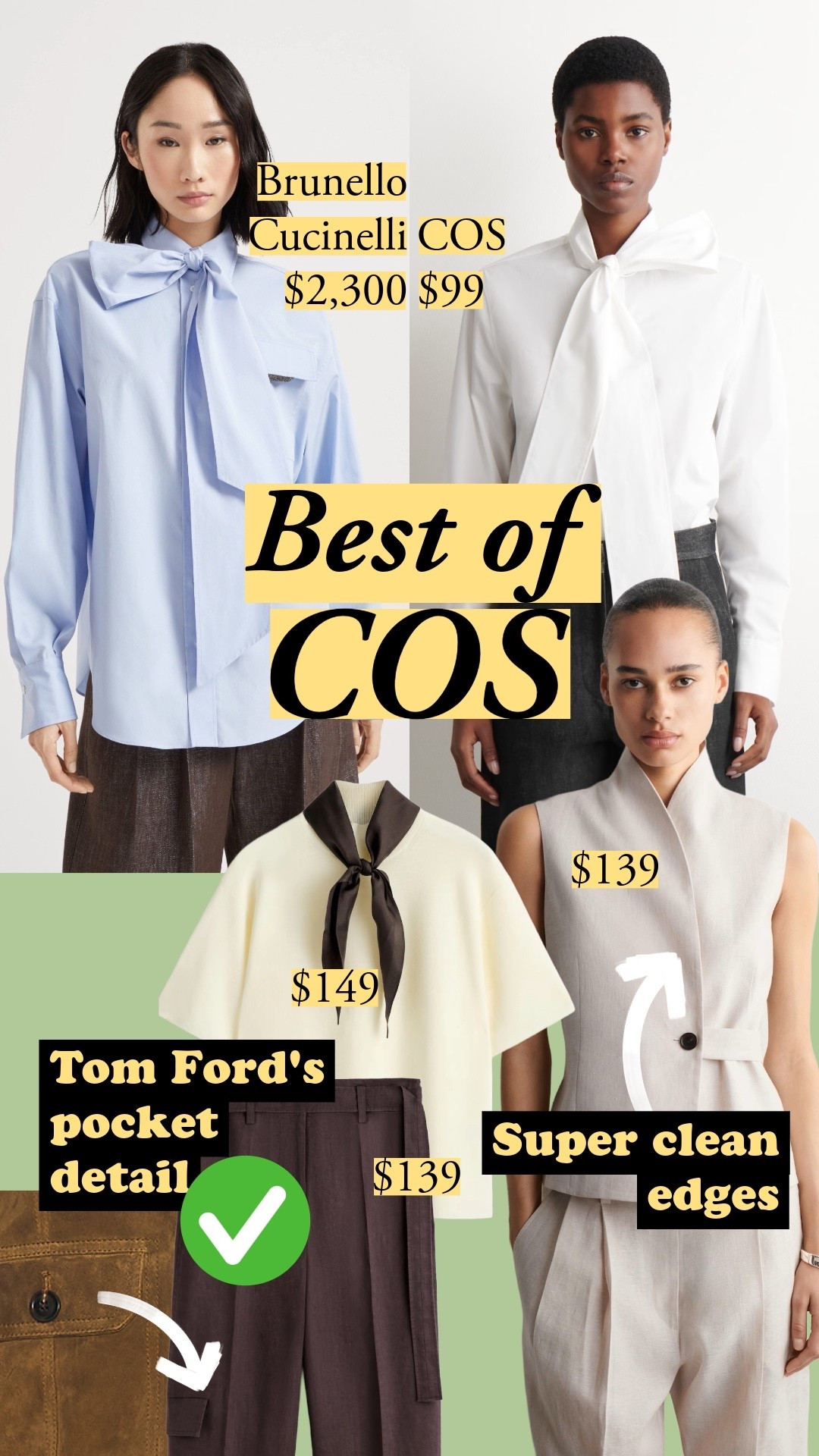 My top COS picks - the $99 bow blouse rivals Brunello's $2,300 version with substantial fabric and clean seam finishing. The barrel-leg pants have Tom Ford-level pocket construction (sewn into the leg, not folded). The linen vest has super clean edges and a clever belt that defines the waist. Size up on pants - they run snug but have adjustable internal bands.

#LTKootd