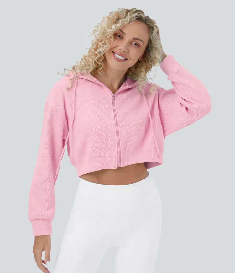 Women’s Waffle Hooded Drawstring Zipper Cropped Casual Cotton Sports Sweatshirt - Halara | HALARA