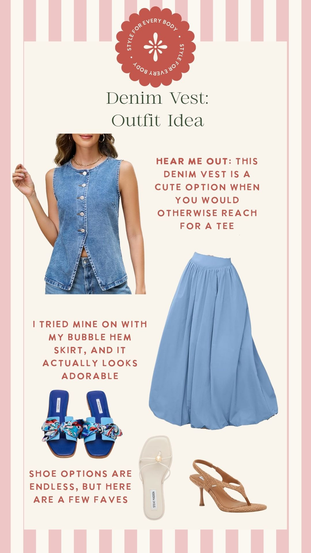 An outfit idea to style a denim vest! I have this bubble skirt, and the two together are so cute! 

 #LTKootd #LTKmomlife #LTKOver40