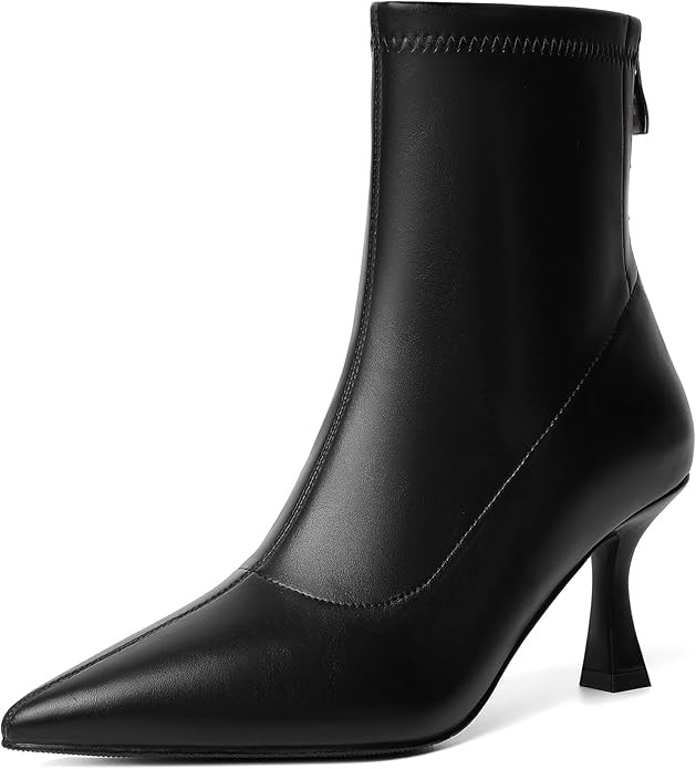 RIBONGZ Ankle Boots for Women Kitten Heeled Booties Back Zipper Pointed Toe Dressy Fur Mid Calf S... | Amazon (US)