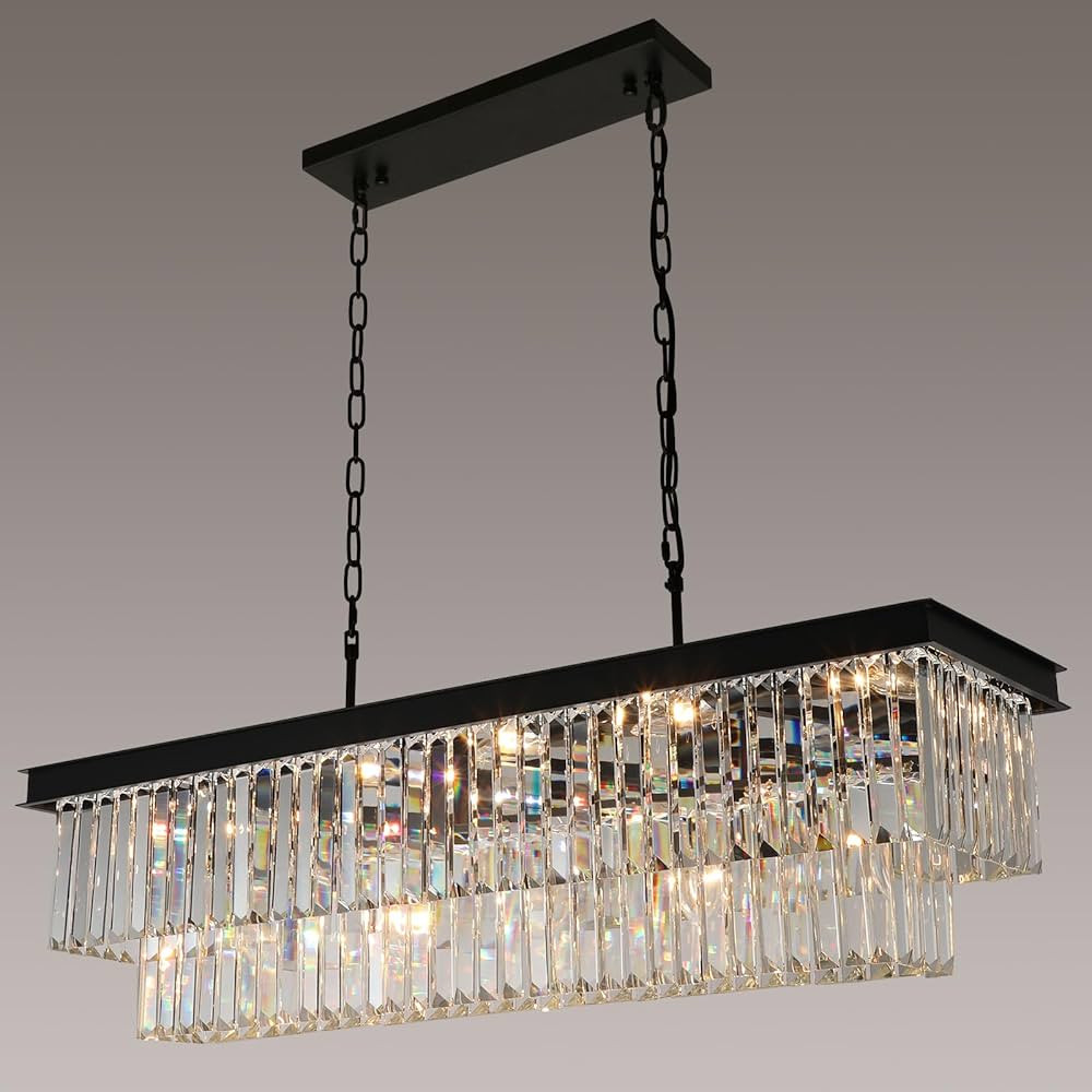 Crystal Chandeliers for Dining Room Light Fixtures Over Table，15-Lights Black Modern Rectangle ... | Amazon (US)