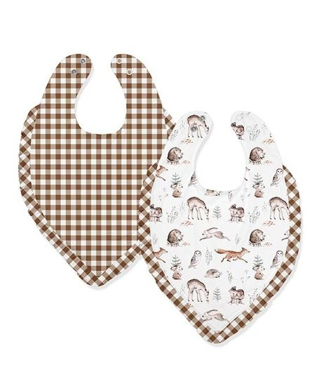 Little Millie White & Light Brown Woodland Ruffle-Trim Button-Snap Bib Set | Zulily