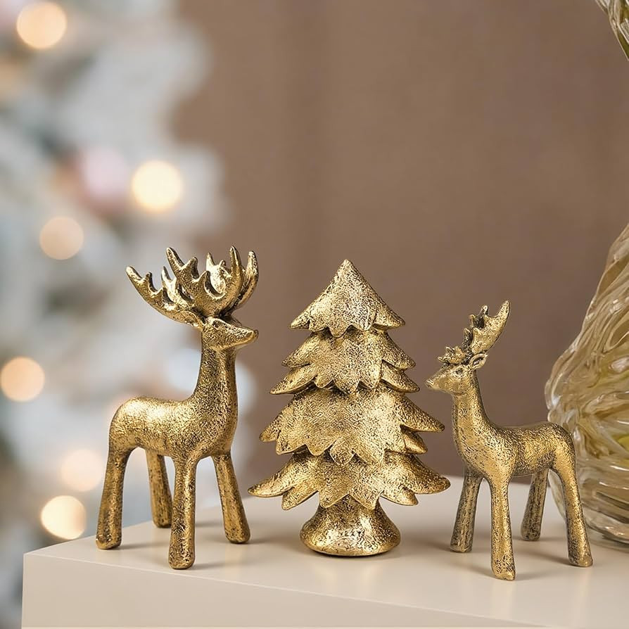Christmas Reindeer and Tree Figurines Set of 3 \u2013 Gold Resin Holiday Decorations with Matte M... | Amazon (US)