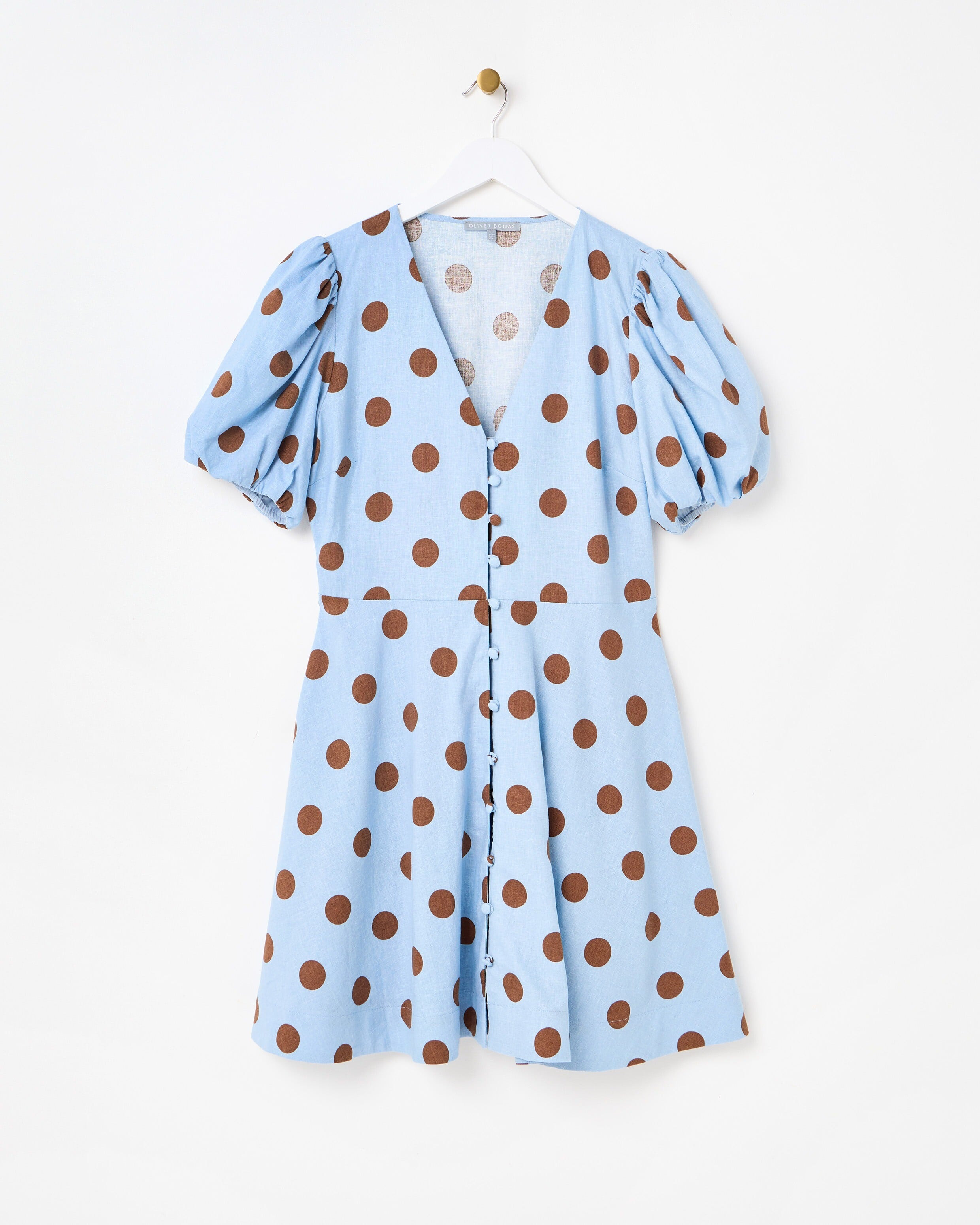 Light Blue & Brown Polka Dot Linen Blend Mini Dress | Oliver Bonas | Oliver Bonas (Global)