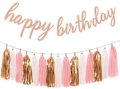 Aonor Rose Gold Birthday Party Decorations - Glittery Rose Gold Happy Birthday Banner and Tissue Pap | Amazon (US)