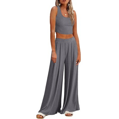 Ekouaer Women's Pajamas 2 Piece Lounge Set Ribbed Knit Loungewear Sleeveless Tank Top Wide Leg Pants Dark Gray S | Target
