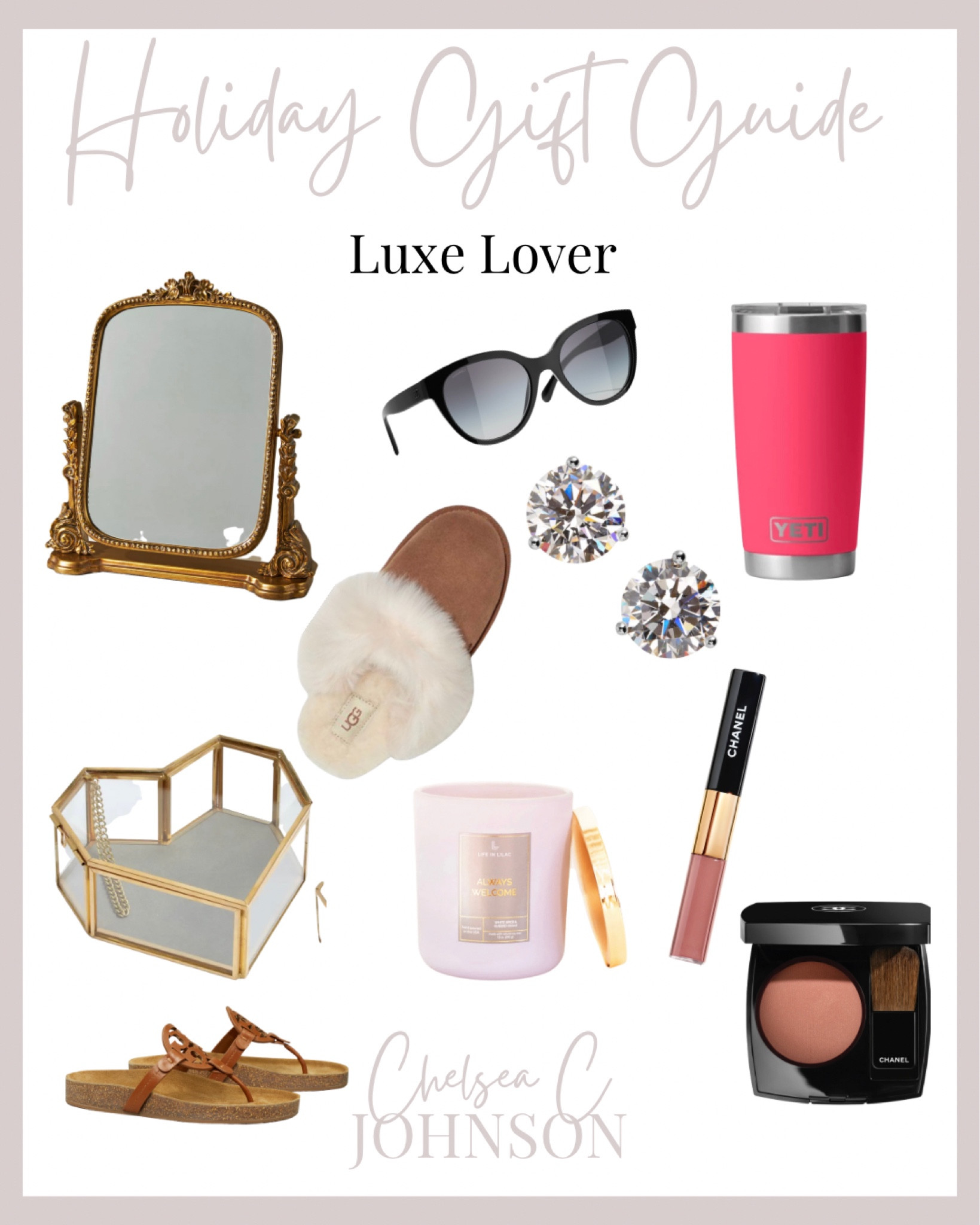Gold Mirror
Yeti
Chanel sunglasses
Chanel lipstick
Chanel blush
Life in lilac candle
Jewelry holder
Tory Burch sandals
Diamond earrings


#LTKbeauty #LTKHoliday #LTKshoecrush