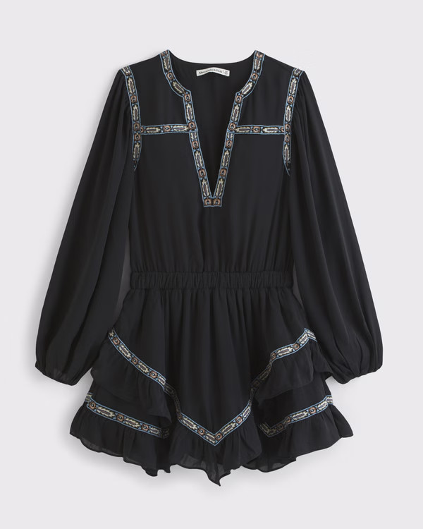 Women's Long-Sleeve Easy Waist Ruffle Mini Dress | Women's New Arrivals | Abercrombie.com | Abercrombie & Fitch (US)