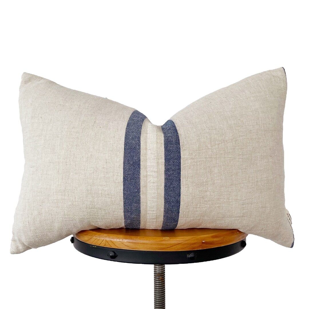 Natural and Indigo Blue Striped Lumbar Pillow Modern - Etsy | Etsy (US)