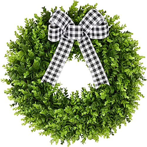Vlorart 24" Faux Round Boxwood Wreath, Artificial Boxwood Wreath Front Door Wreaths Artificial Spring Summer Greenery Hanging with A Plaid Bow and sash for Front Door Wall Hanging Window Wedding Decor | Amazon (US)