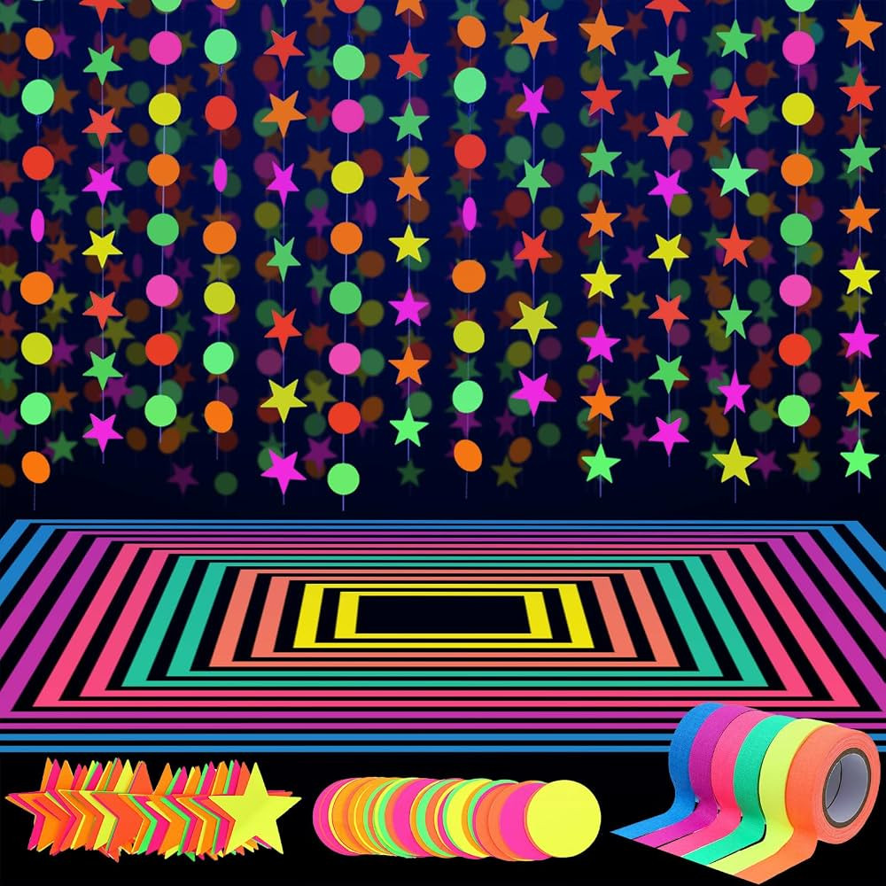 WILLBOND 127ft Neon Party Supplies Set, 6 Colors UV Blacklight Reactive Tape, Neon Paper Garlands... | Amazon (US)