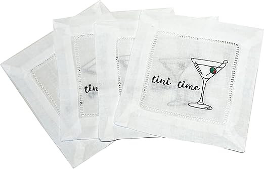 Tini Time Embroidered Cocktail Napkins, Set of 4, White Linen, Gift for Dirty Martini Lover | Amazon (US)