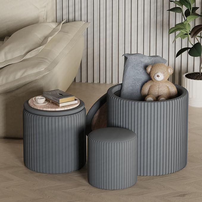 Round Set of 3 Ottoman with Storage-Upholstered Velvet Vanity Stool for Makeup Multifunctional Ot... | Amazon (US)