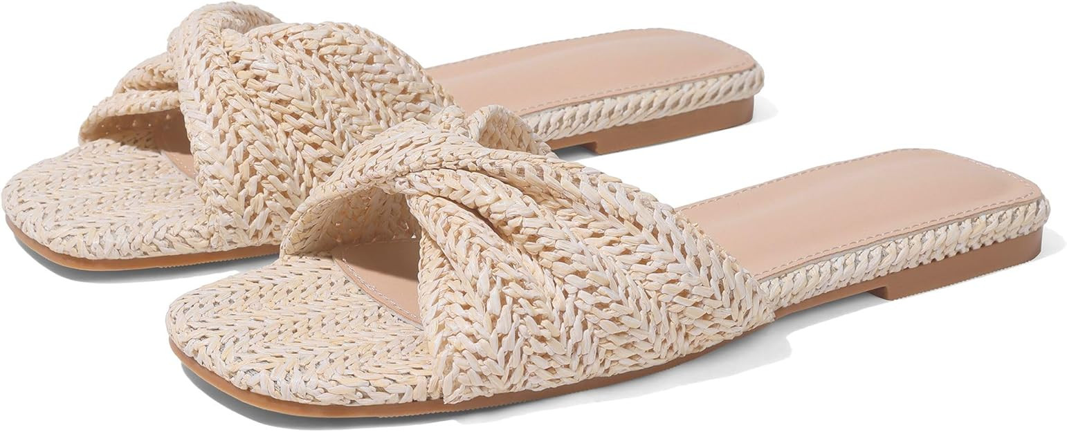 EQAUDES Raffia Flat Sandals for Women Straw Woven Braided Twist Slip On Slides - Summer, Open Toe... | Amazon (US)