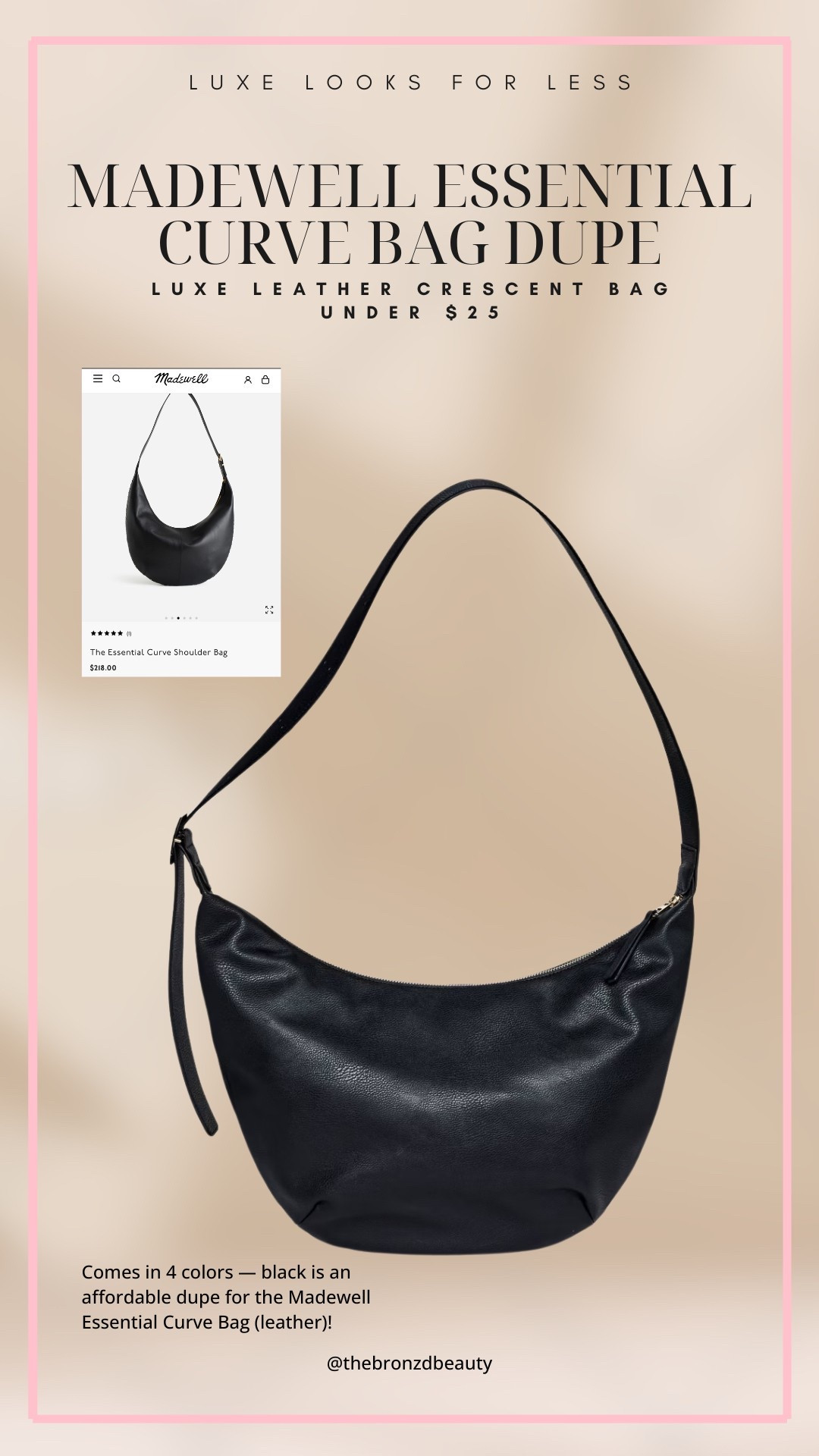 Dupe Alert✨ Madewell Essential Curve Bag Dupe 💼✨
Spotted this luxe leather crescent bag under $25 — nearly identical to the $218 Madewell version!
The black is a perfect affordable dupe for the leather Essential Curve Bag, but it also comes in 3 other colors.
A chic everyday staple for errands, office, or date night.

#LTKItBag #LTKSaleAlert #LTKFindsUnder50
