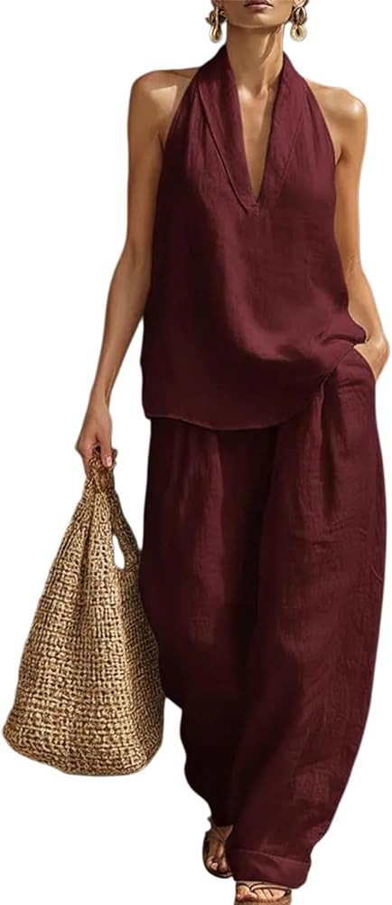 Womens Linen 2 Piece Sets Sleeveless V Neck Halter Top Wide Leg Pants Summer Matching Lounge Set ... | Amazon (US)