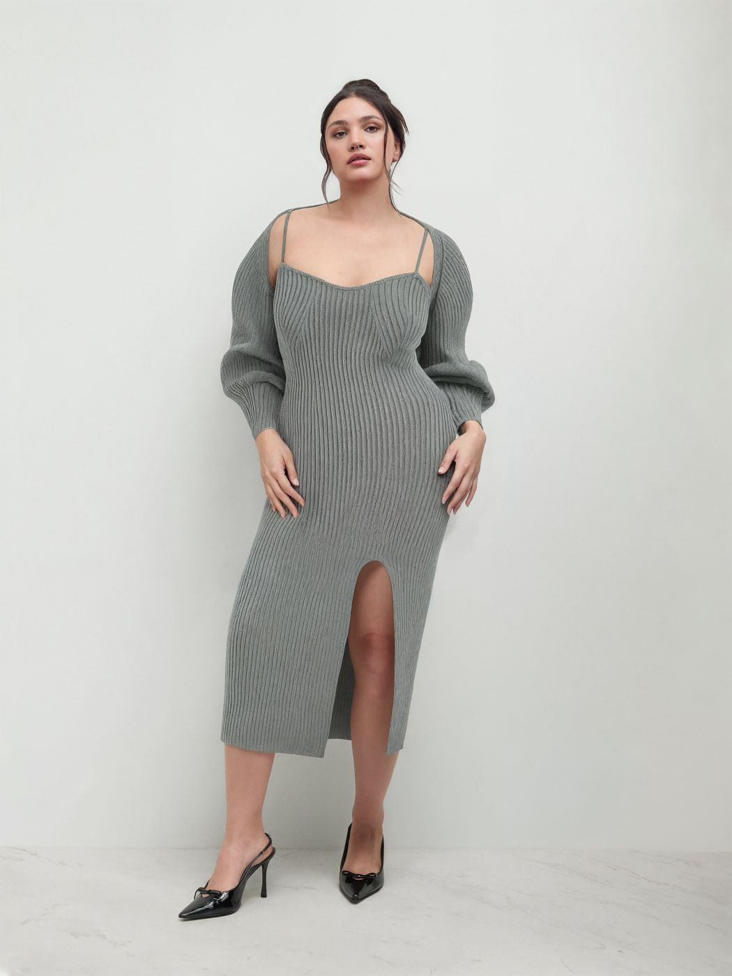 Knit Fabric Knit Solid Cami Split Midi Dress & Crop Top Curve & Plus | Cider