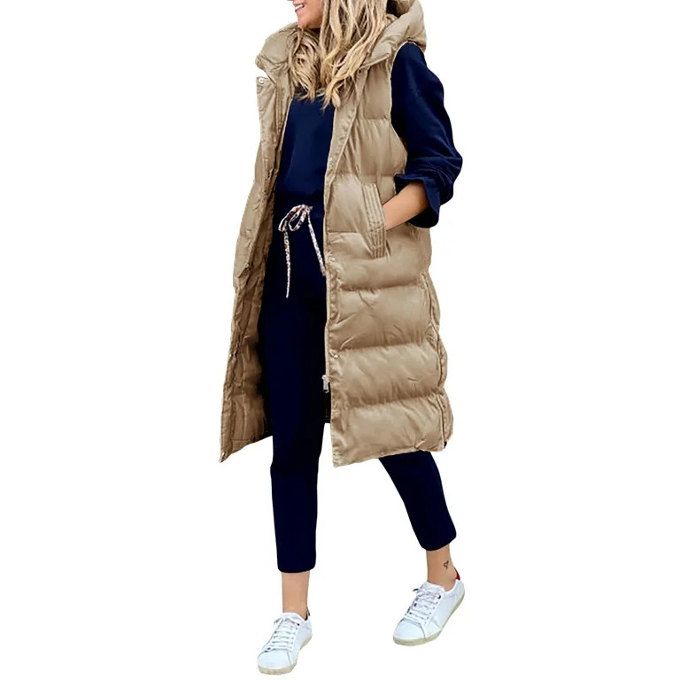 FOCUSNORM Women Long Puffer Vest Quilted Faux Down Vest Sleeveless Hooded Puffer Jackets Winter W... | Walmart (US)
