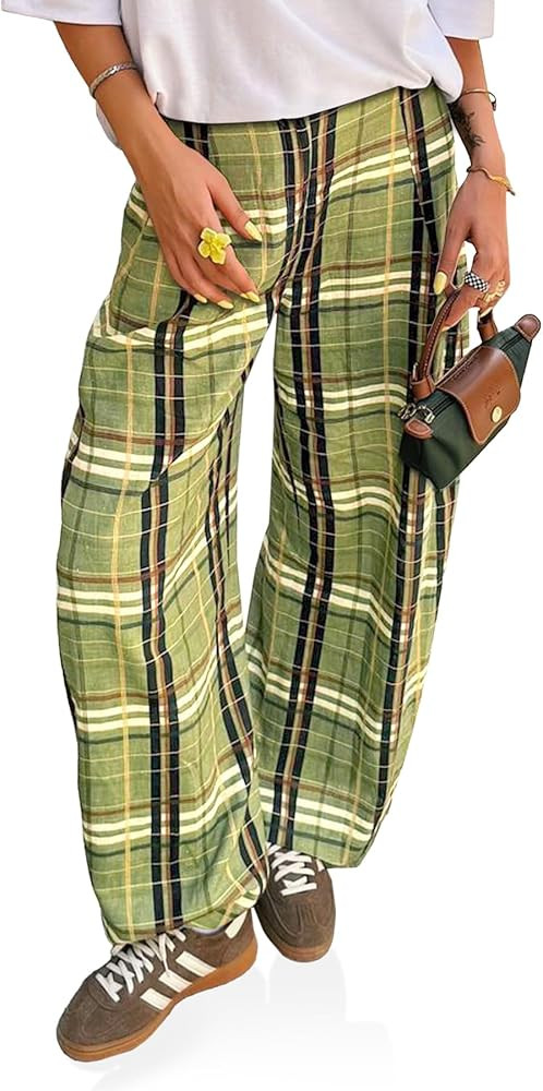 Cicy Bell Womens Wide Leg Pants High Wiasted Casual Baggy Palazzo Elastic Plaid Pants Trousers | Amazon (US)
