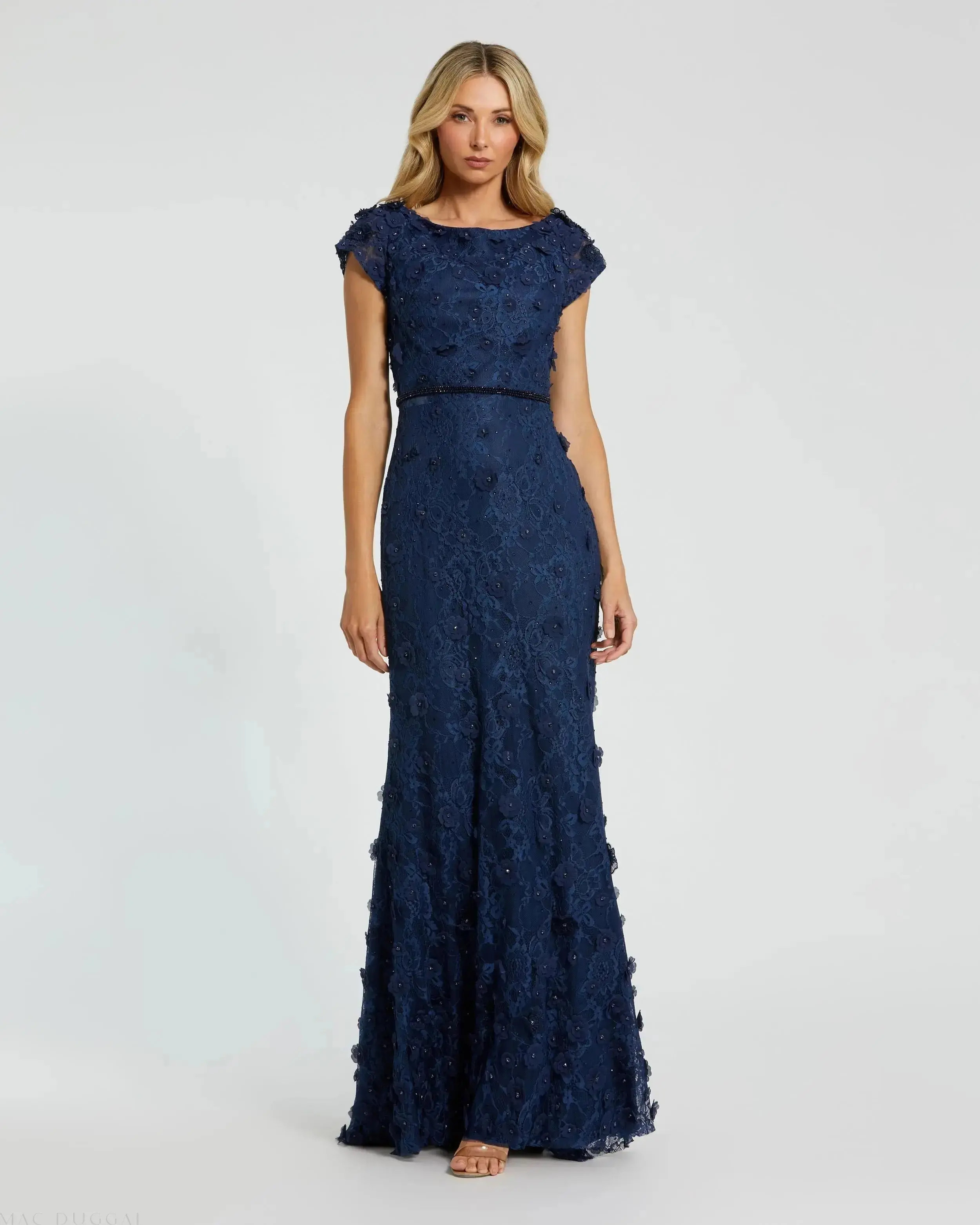Navy Floral Applique Boat Neck Cap Sleeve Gown | Mac Duggal | Mac Duggal