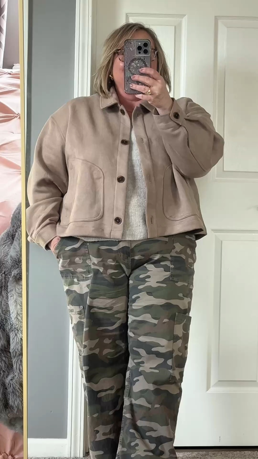 Neutral meets edgy with these camo pants styled with a soft beige sweater, suede sandals and leightweight spring coat for the perfect elevated casual outfit that feels effortless but put-together. Loving this camo pants outfit for everyday wear, casual street style, and neutral outfits that balance bold print with timeless basics.

#camooutfitideas
#neutralstyleinspo

camo pants outfit women, camo cargo pants outfit, what to wear with camo pants, neutral outfits with camo pants, casual camo pants outfit, camo street style outfit, beige sweater outfit women, suede sandals, plus size outfitt

#LTKPlusSize #LTKOver40 #LTKPetite