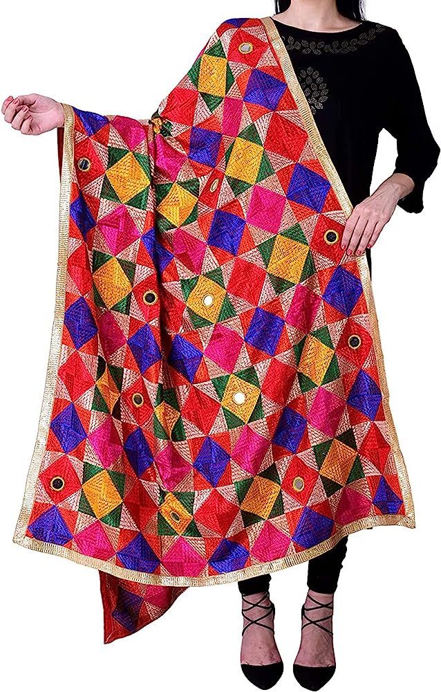 Phulkari Dupattas for Womens Hand Embroidered in Amritsar Punjabi Mirrors Fulkari Design | Amazon (US)