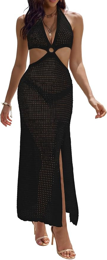 AI'MAGE Womens Crochet Bathing Suit Swimsuit Cover Ups Long Sexy Halter Cut Out Backless Beach Co... | Amazon (US)