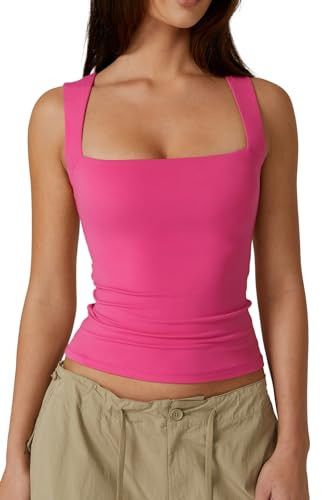 QINSEN Women's Sleeveless Strappy Tank Square Neck Double Layer Workout Fitness Casual Tops Rosy XL | Amazon (US)