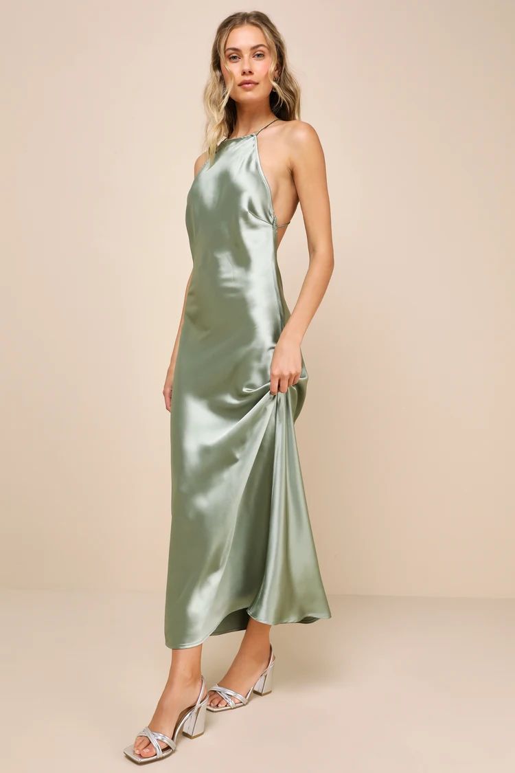 Sleek Sultriness Sage Green Satin Backless Halter Midi Dress | Lulus