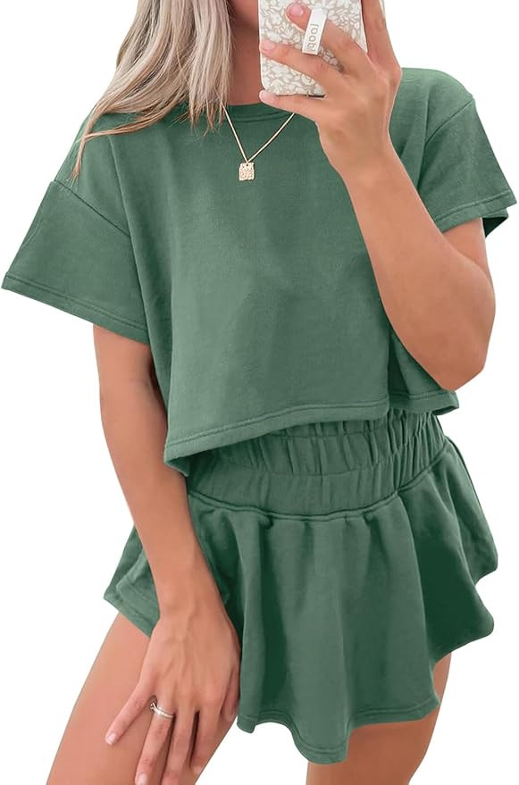miduo Womens Casual Summer 2 Piece Sets Casual Mini Skirt Sets Cropped Top and Short Sets Lounge ... | Amazon (US)