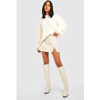Womens Fluffy Cable Knit Crew Neck Sweater - Cream - S | boohoo (US & Canada)