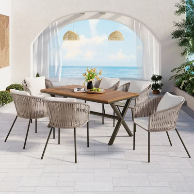 ModernLuxe 7pcs Patio Dining Sets, All-Weather Outdoor Furniture Set with Dining Table and Chairs, Acacia Wood Tabletop, Metal Frame, Beige | Target