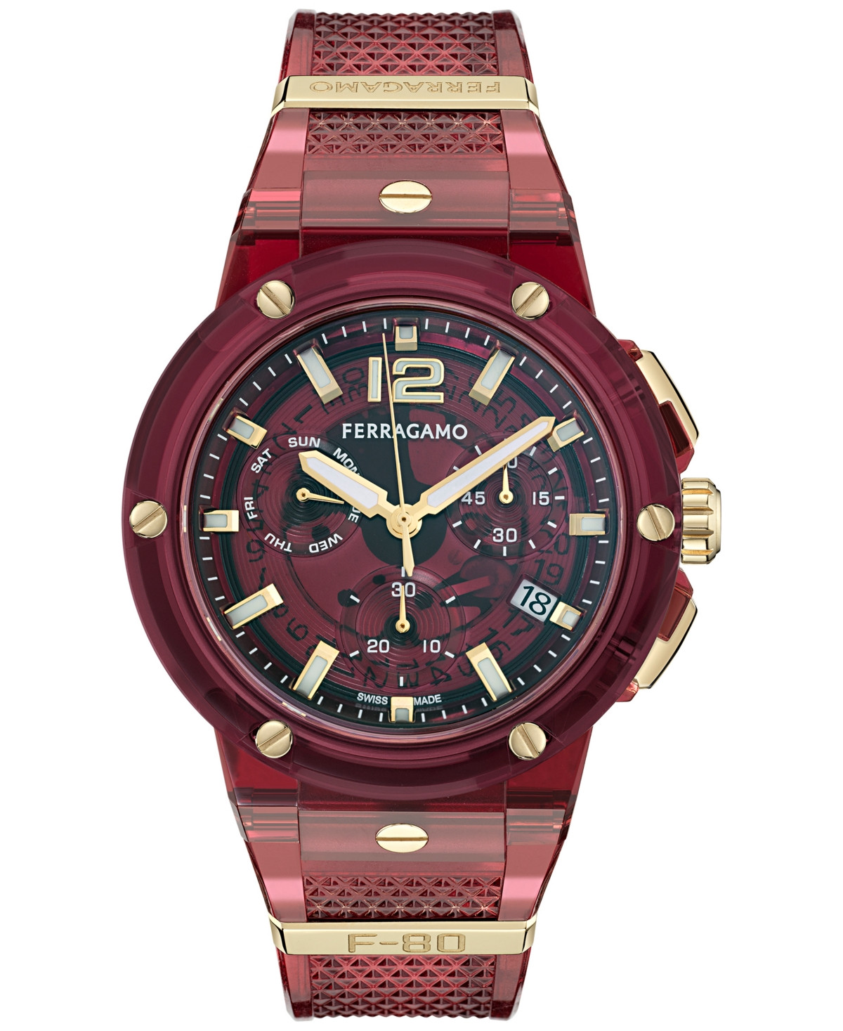 Ferragamo Men's Swiss Chronograph F-80 Translucent Burgundy Polyurethane Strap Watch 44mm - Burgundy | Macy's