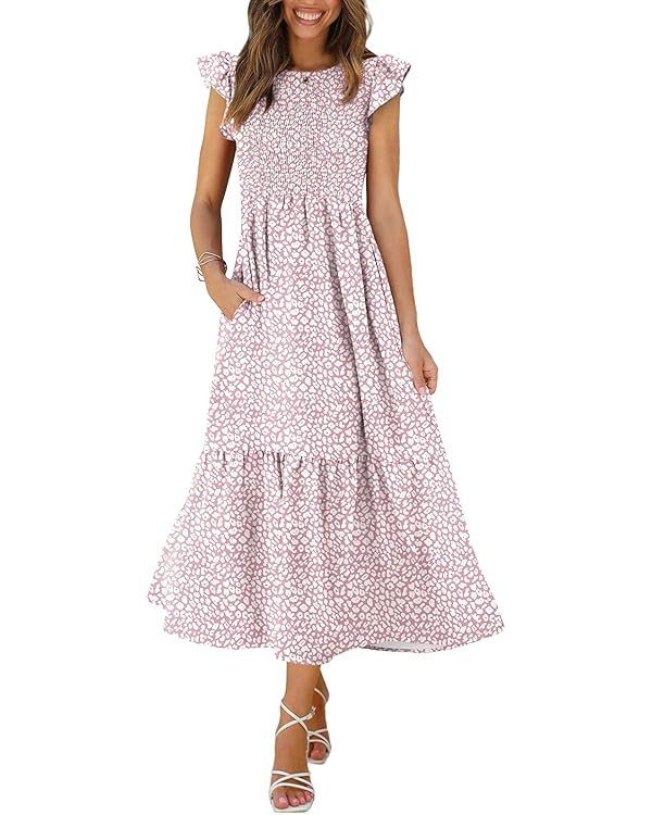 OFEEFAN Women's Casual Maxi Dresses with Pockets Ruffle Sleeve Smocked Dress XS-2XL | Amazon (US)