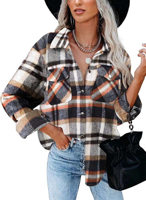 BTFBM Women Corduroy Shacket Jacket 2023 Long Sleeve Button Down Casual Plaid Flannel Shirts Boyf... | Amazon (US)